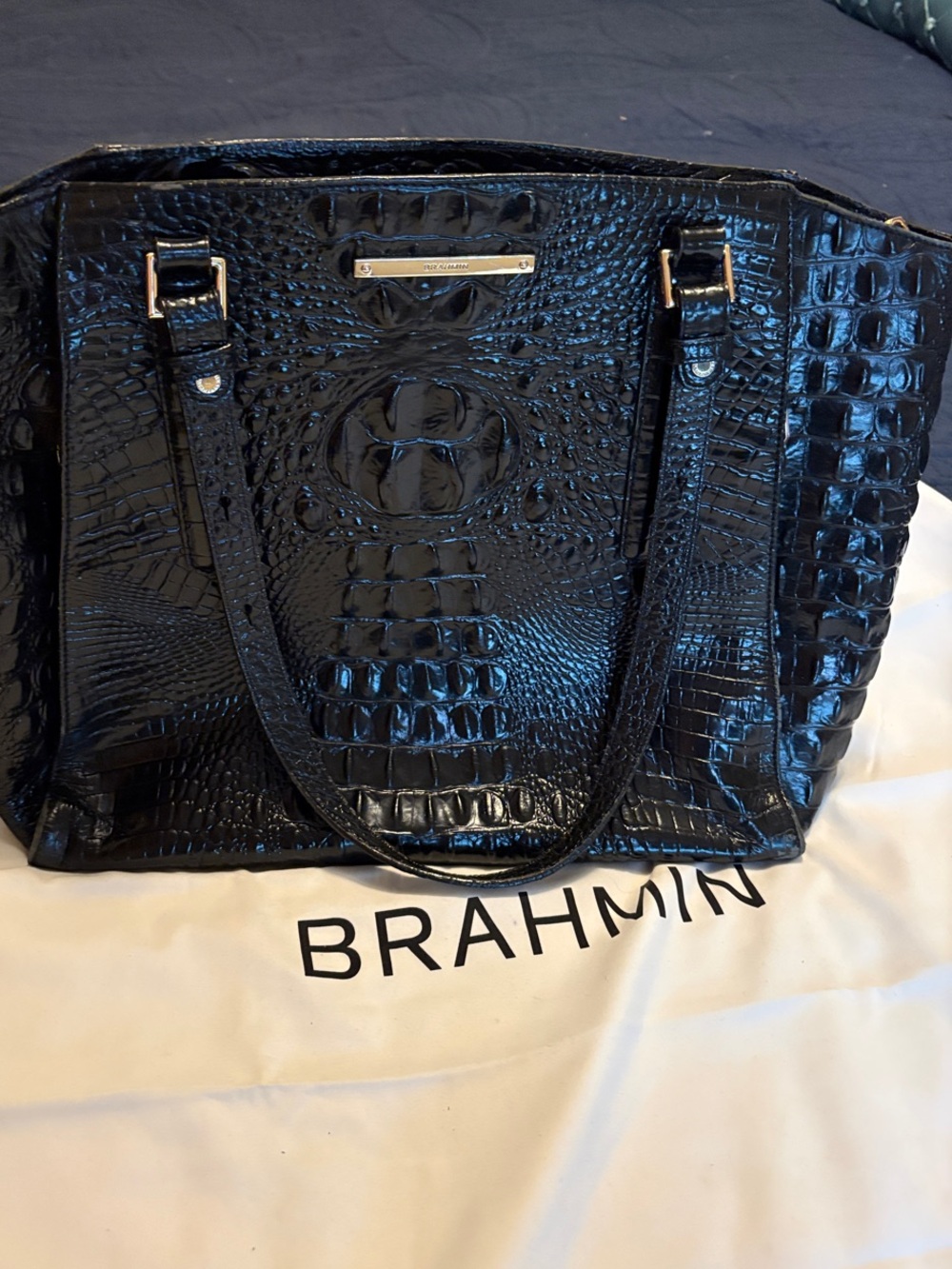 Brahmin Glossy Black Croc-Embossed Tote
